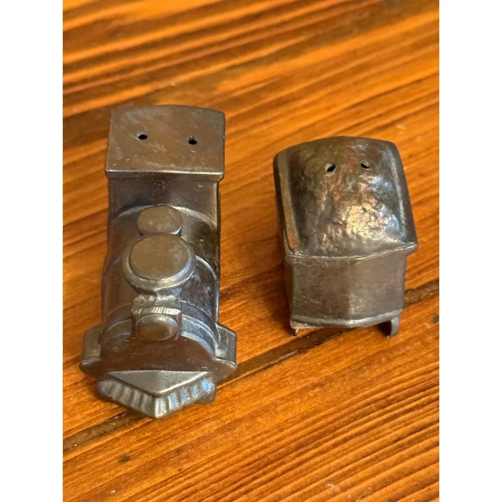 Vintage Train Salt and Pepper Shakers Metal Locomotive Tender Japan Silver Good
